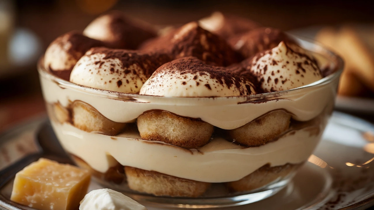Layered tiramisu dessert with mascarpone cream and cocoa powder in a glass bowl