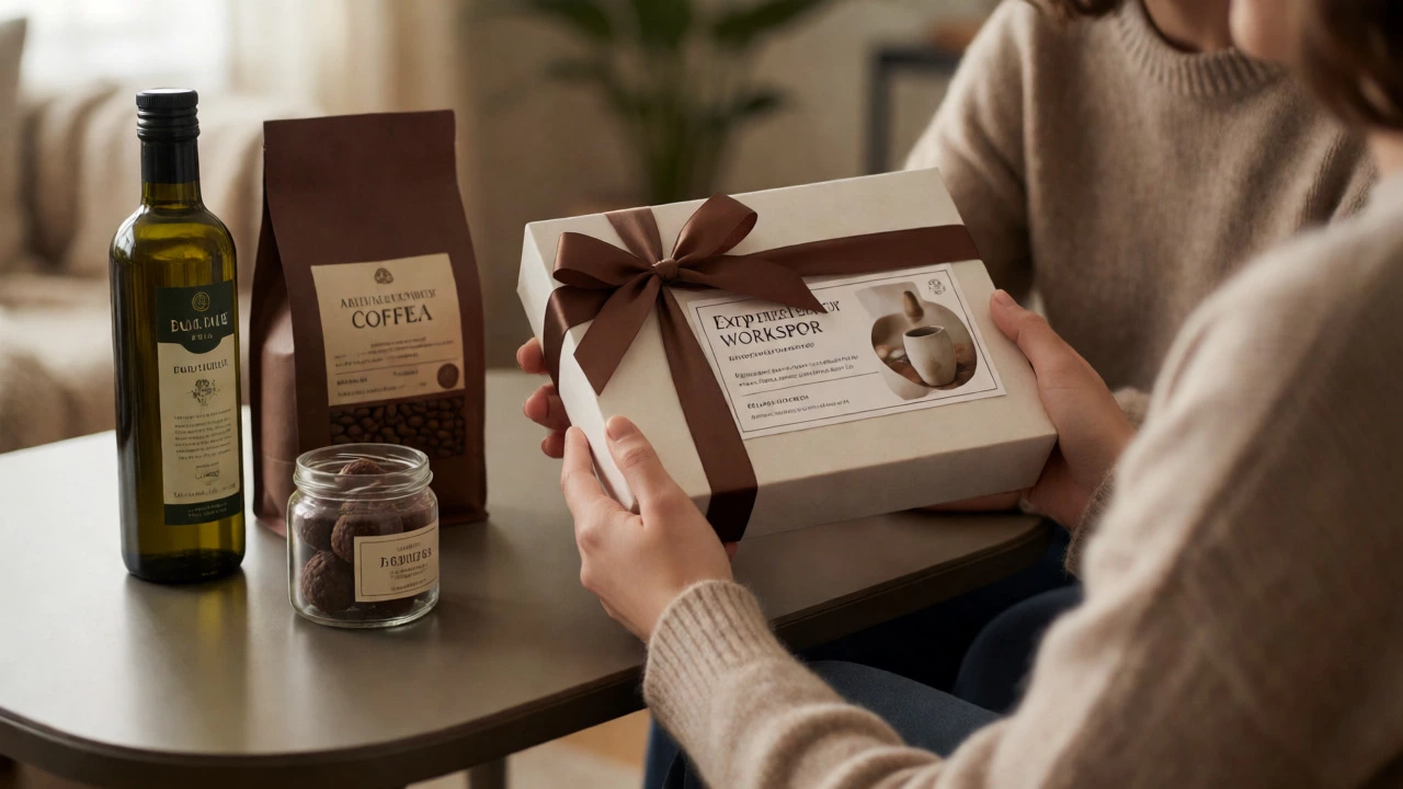 Person holding a workshop gift voucher surrounded by artisanal pantry items