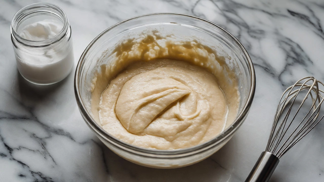 Resting gluten-free batter in a glass bowl