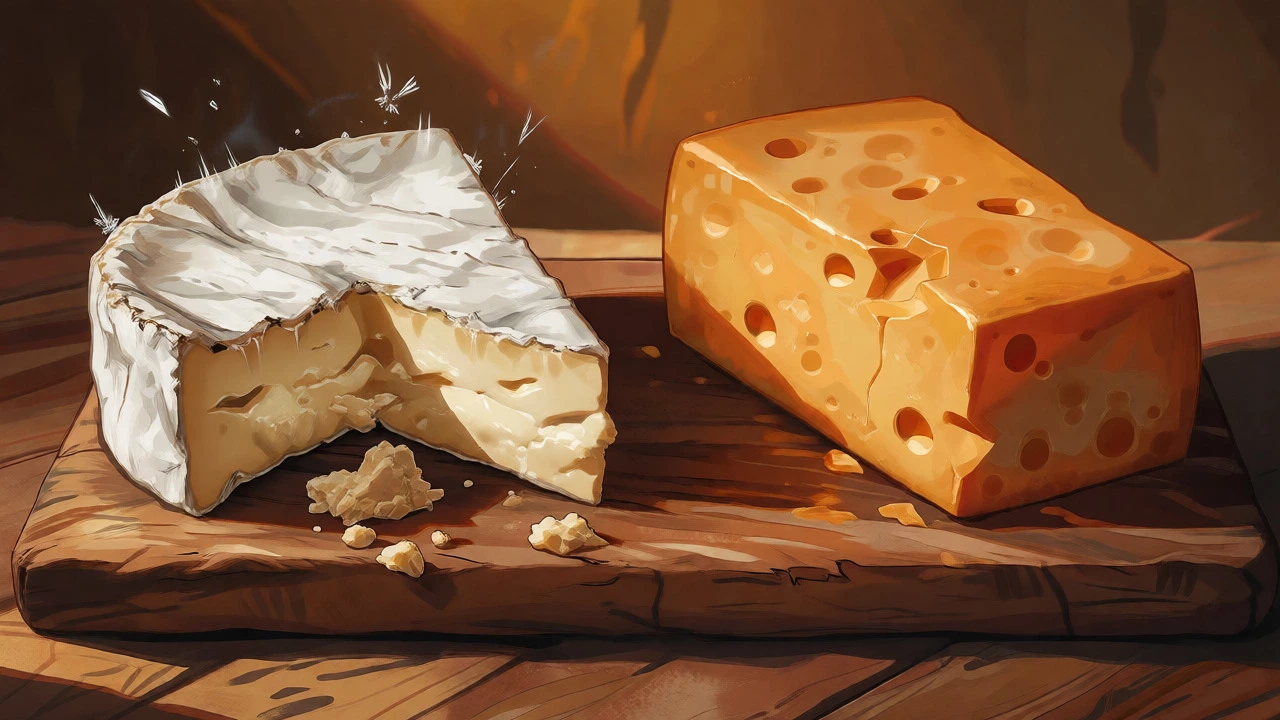 Side-by-side comparison of damaged Brie and intact Cheddar cheese