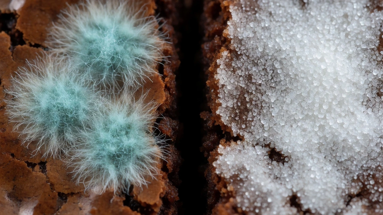 Side-by-side macro shot comparing fuzzy blue mold on a brownie versus safe white sugar bloom.