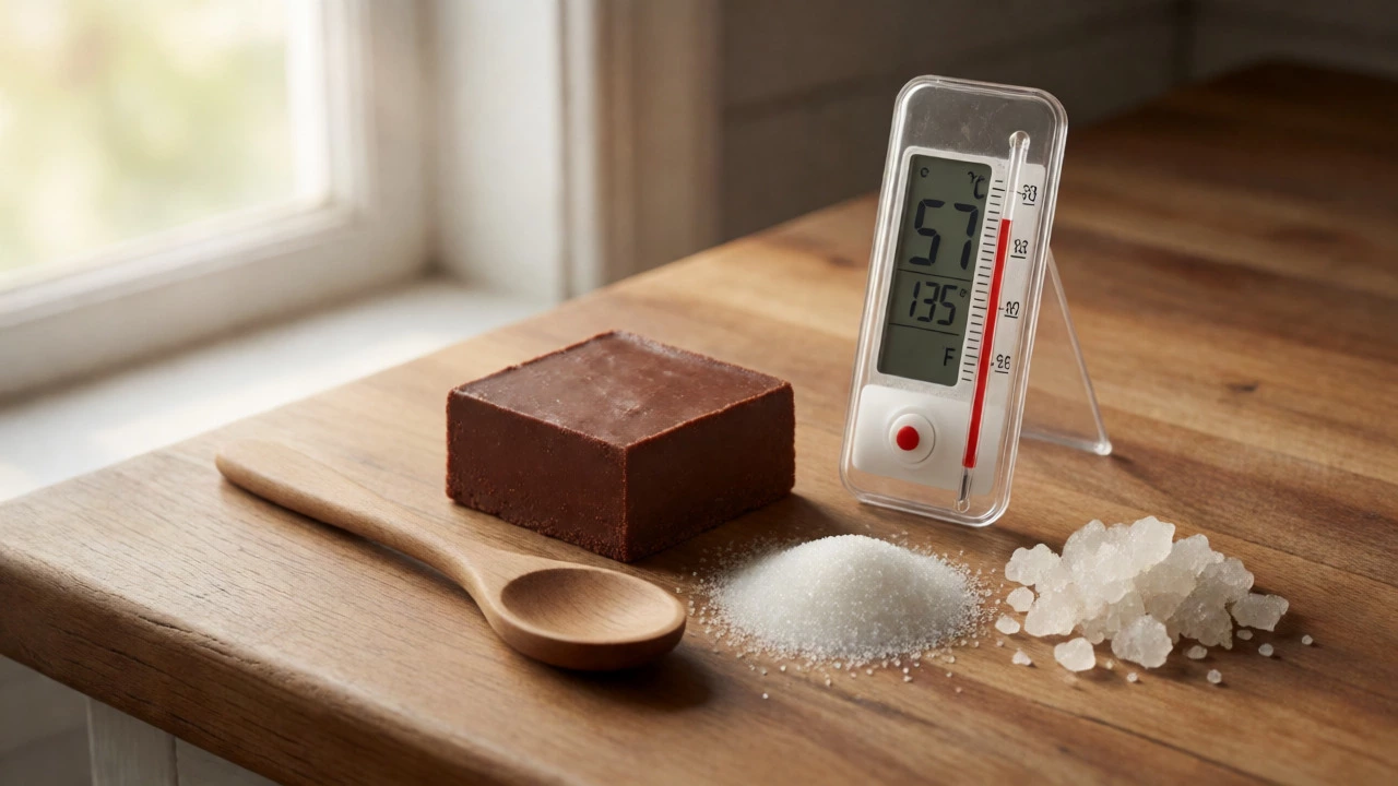 Smooth fudge slice with thermometer and sugar