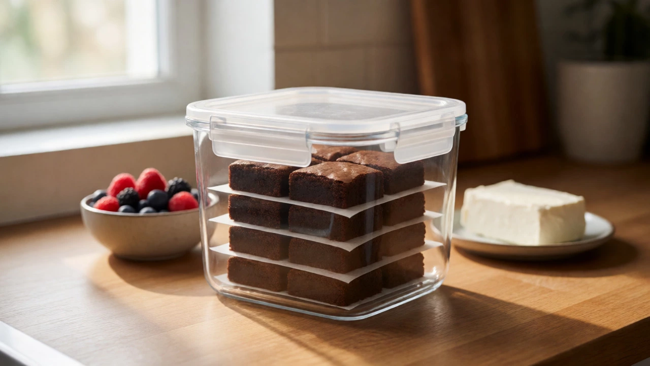 Stacked brownie squares separated by parchment paper inside a clear airtight storage container.
