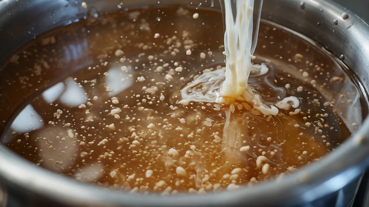 Close-up of fining agents clarifying cloudy wine in a tank