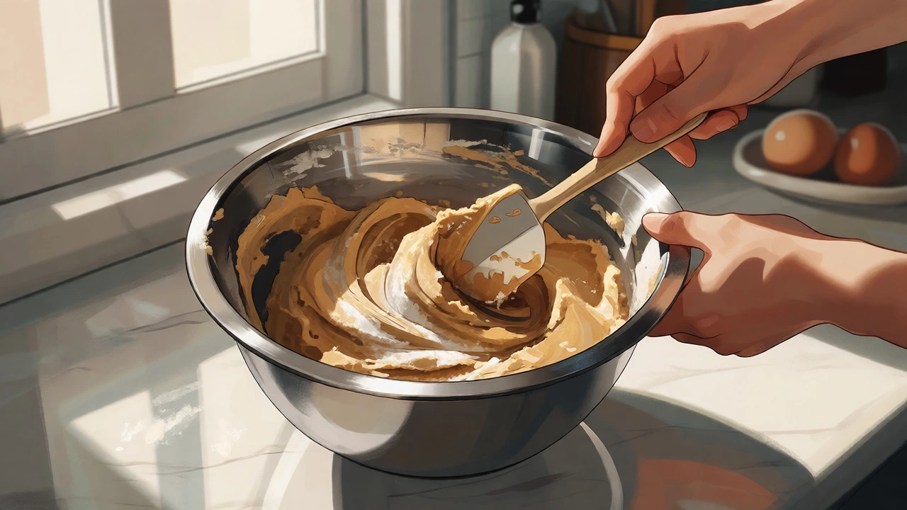 Hands gently folding cookie dough with a spatula to prevent over-mixing gluten.