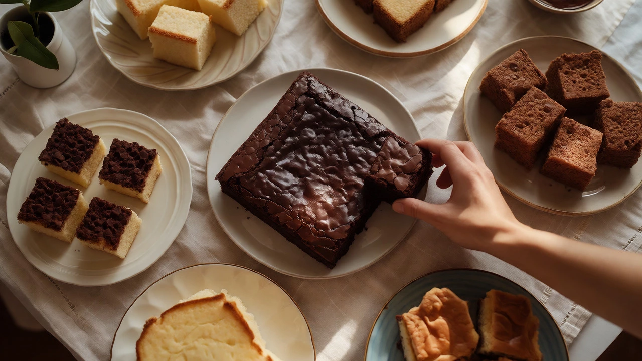 Overhead view comparing a dense brownie with fluffy sponge cake slices.
