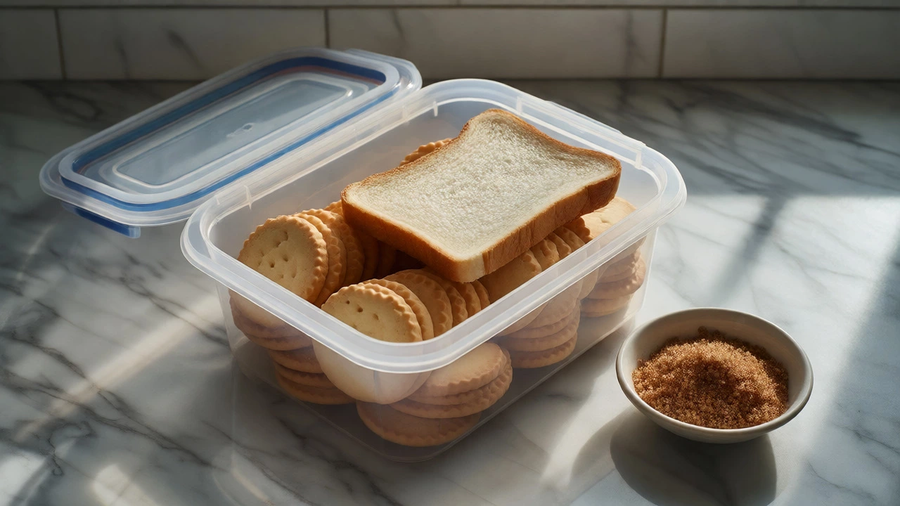 Soft cookies stored in an airtight container with a slice of bread for moisture.