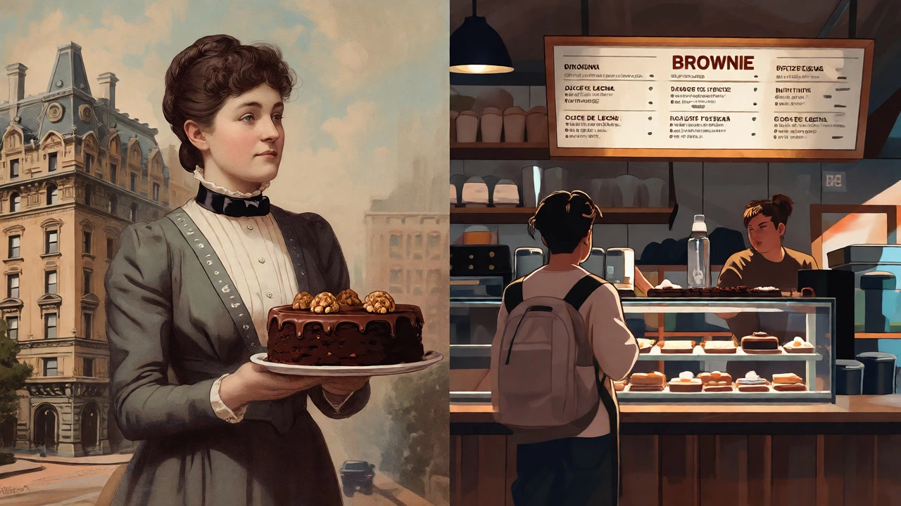 Split image showing historical origins and modern cafe consumption of brownies.