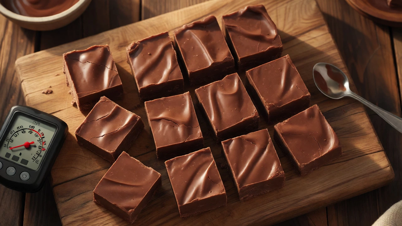 Squares of smooth homemade fudge next to a candy thermometer on a wooden board